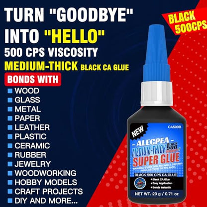 20g Black Medium-Thick CA Glue (500 CPS),Premium Cyanoacrylate Super Glue for Wood, Glass, Metal, Paper, Leather, Plastic, Ceramic, Rubber, Jewelry, Woodworking, Hobby Models, and Craft Project - size: Black/500CPS