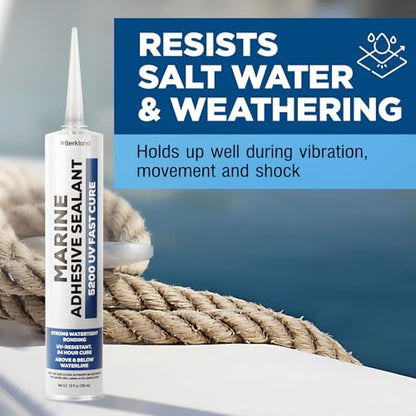 Marine Adhesive Sealant 5200 Fast Cure, 10 oz White — Permanent Watertight Bond Above & Below Waterline, UV Resistant Marine Caulk for Boats, Hulls, Decks & Fittings by Berkland, American Owned