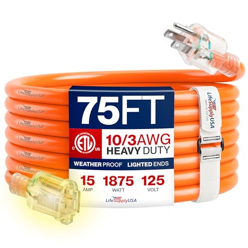 75ft Outdoor/Indoor Extension Cord 10/3 Gauge Ultra Heavy Duty 3 Prong SJTW, Waterproof, ETL Listed, Flexible Cold-Resistant Long Power Cord,15A 125V 1875W, Orange by LifeSupplyUSA - color: Orange, size: 75 FT, style: 10 Gauge (ULTRA HEAVY DUTY)