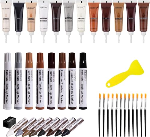 SEISSO Furniture Repair Kit - Set of 42 - Wood Repair Kit Wood Fillers, Furniture Scratch Repair Markers and Wax Sticks with Scraper, Brushes, for Scratches, Stains, Wood Floor, Laminate, Cabinet - color: 12 + 8 + 8 Colors