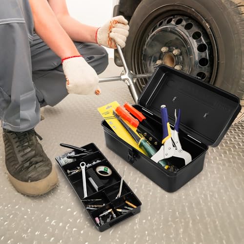 Tosnail Metal Tool Box, 14" Portable Empty Toolbox with Handle, Latch Closure and Removable Divided Storage Tray, Heavy Duty Craftsman Tools Organizer, Black
