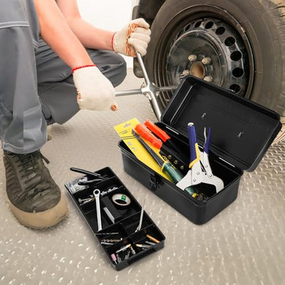 Tosnail Metal Tool Box, 14" Portable Empty Toolbox with Handle, Latch Closure and Removable Divided Storage Tray, Heavy Duty Craftsman Tools Organizer, Black