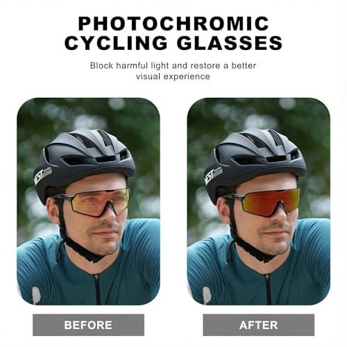 BangLong Photochromic Cycling glasses for Men Women, Clear Running MTB Sunglasses UV Protection - color: Black Frame-red Photochromic