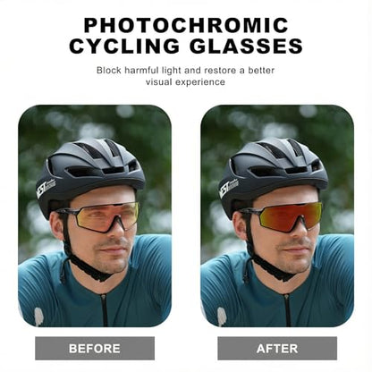 BangLong Photochromic Cycling glasses for Men Women, Clear Running MTB Sunglasses UV Protection - color: Black Frame-red Photochromic