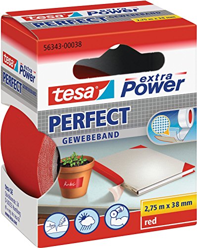 tesa Extra Power Perfect Cloth Tape - Fabric-Reinforced Repairing Tape for Crafting, Repairing, Fastening, Reinforcing and Labelling - Red - 2.75 m x 38 mm - color: Red