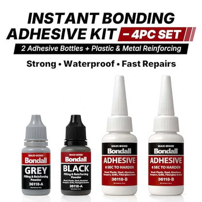 BONDALL Instant Bonding Adhesive Repair Kit, 4PC Set with (2) Super Glue Bottles, Plastic & Metal Reinforcing Powders (Black & Grey), Strong Waterproof Adhesive. (BONDALL - 1 Pack) 36118