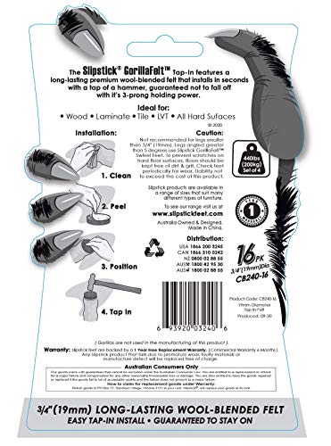 Slipstick GorillaFelt 3/4 Inch Chair Leg Floor Protectors/Felt Glides (Set of 16) Tap On Felt Furniture Pads Guaranteed to Stay On, Round Sliders, CB240-16 - size: 3/4 Inch 16 Pack