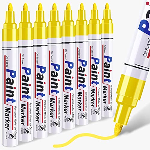 Yellow Paint Pen Permanent Paint Markers - 8 Oil Based Paint Pens, Medium Tip, Quick Drying and Waterproof Marker Pens for Metal, Rock Painting, Wood, Fabric, Plastic, Canvas, Mugs Yellow Markers Pen - color: Yellow
