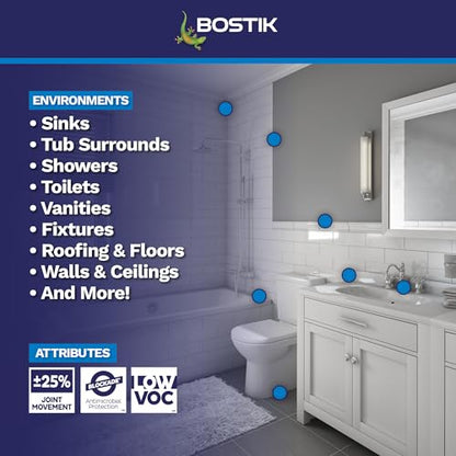 BOSTIK Pure Silicone White 10.1oz Silicone Caulk & Sealant for Kitchen & Bath | Professional Grade, 100% Waterproof | Internal/External Use | UV, Mildew, Shrink & Crack Resistant | 1 Cartridge - color: White