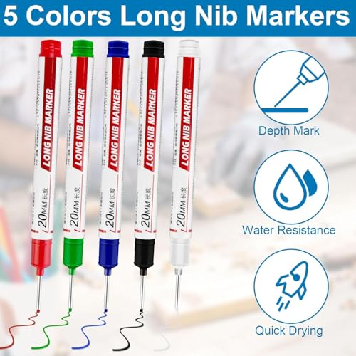 10 Pcs Long Head Deep Hole Marker, 2025 New 20mm Long Nib Marker Pens Permanent Markers, Quick Dry Waterproof Fine Tip Marker Pens, Carpenter Marker Pen for Office Supplies, Art Projects, Woodworking