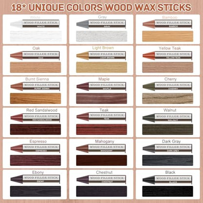 DEWEL Wood Filler Sticks, 18 Colors Wood Crayons for Scratches, Wood Floor Repair Wax Filler Sticks, Furniture Scratch Repair Crayons Kit for Wood Holes, Scratches, Table