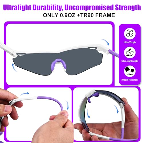 Polarized Sports Sunglasses for Men Women,Wrap Around Sun Glasses for Running Cycling Baseball Fishing Golf Hiking - color: White Purple