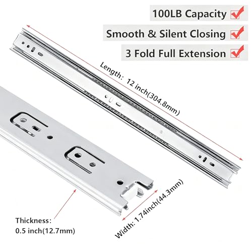 homdiy Side Mount 3 Fold Full Extension Drawer Slides 12 Inch 1 Pair Solid Ball Bearing Cabinet Tracks Heavy Duty Drawer Rails 100 LB Capacity for Kitchen Cabinet Dresser Replacement - size: 12 Inch