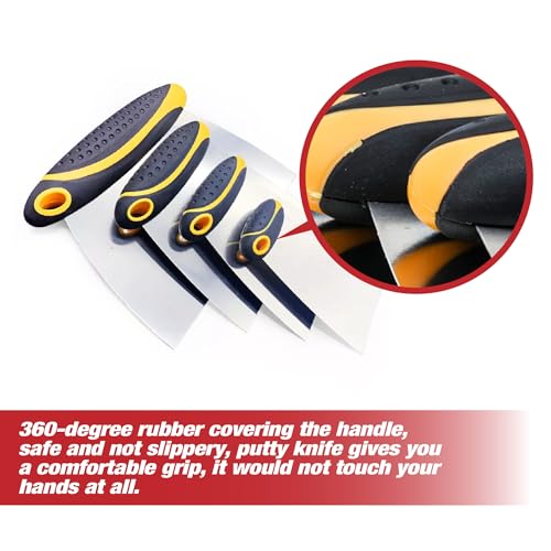 4-Piece Set of Stainless Steel Body Filler and Putty Spreaders/Scraper Set with Handles - Sizes: 2", 3", 4" and 6" | Repairing Drywall, Removing Wallpaper, Applying Putty, Plaster, Cement, Adhesive