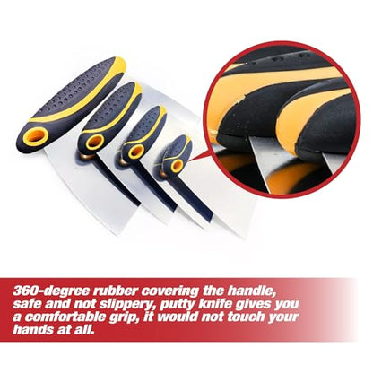 4-Piece Set of Stainless Steel Body Filler and Putty Spreaders/Scraper Set with Handles - Sizes: 2", 3", 4" and 6" | Repairing Drywall, Removing Wallpaper, Applying Putty, Plaster, Cement, Adhesive