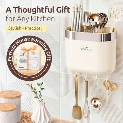 COZYTO LuxTray U1-Pro Wall Mounted Utensil Holder – Kitchen Organizer with Hooks, Dividers & Drain Tray, No-Drill Adhesive Wall Mount Storage, BPA-Free (Cream White & Shiny Silver) - color: Cream White & Shiny Silver