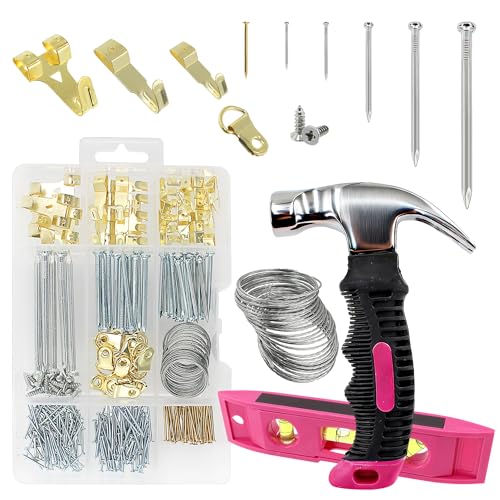 Picture Hanging Kit Hanging Hardware Assorted with Magnetic Hammer D Ring Nails Hooks Wires Magnetic Level for Wall Mounting Heavy Picture Canvas Paintings Photos Frame Board Clock