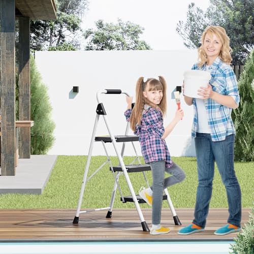 KINGRACK 3 Step Folding Ladder, 800lbs Capacity Step Stool with Safety Lock, Non-Skid Wide Pedals, and Handrail, Lightweight, Household Ladder for Home, Kitchen, Pantry, Closets, and Office Use, White - size: 3-step