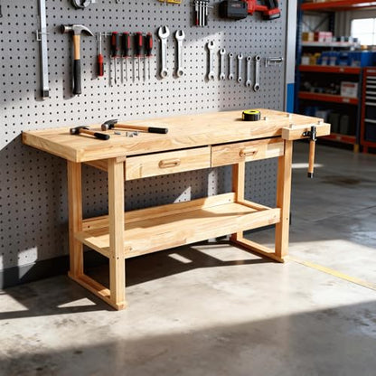 Magshion 60" Rubber Hardwood Work Bench, 500Lbs Load Capacity Heavy Duty Woodworking Table with Solid Oak Vise and Removable Stop Block, Workbench for Garage, Workshop, Home Storage (Natural)