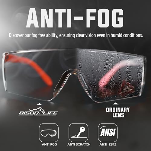 BISON LIFE Anti Fog Clear Safety Glasses with Adjustable Temple & Side Protection, Wraparound Anti-Scratch Lens, Clear Lens & Pink Temple, Lab Goggles, Mowing, Gardening & More (Pack of 3) - color: Clear/Pink