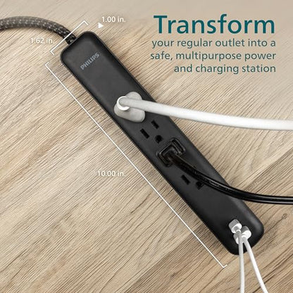 Philips 4-Outlet Surge Protector, 4ft Braided Cord, 1-USB-C, 1-USB-A, Extension Cord, Power Strip, for Home, School, or Office, 15W, 450J, Black, SPP3393B/37 - style: 4 Outlet | USB-C