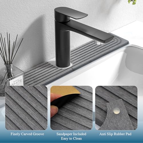 Diatomite Stone Faucet Mat for Kitchen Sink, 23.6 Inch Fast Drying Splash Guard, Super Absorbent Sink Tray Caddy for Dish Soap & Sponge, Bathroom Counter Protector & Organizer, Gray