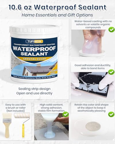 Transparent Waterproof Coating, TUFINEIN 10.6oz Invisible Waterproof Agent Indoor & Outdoor Sealant Water-Based Clear Sealant Roofs, Walls, Garden, Terraces
