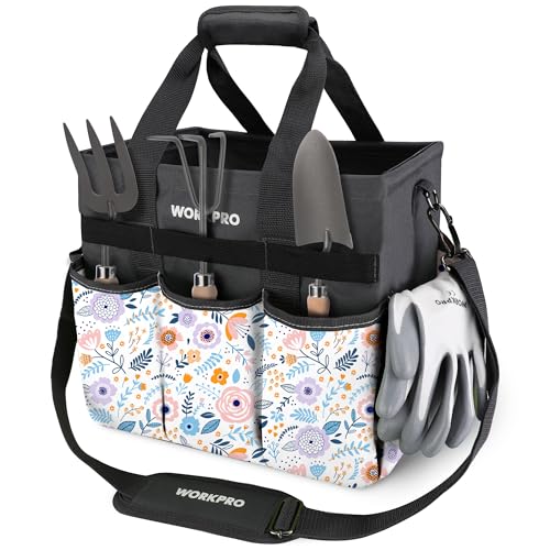WORKPRO Garden Tool Bag Organizer, Heavy Duty Gardening Tote Bag with 10 Pockets and Long Adjustable Shoulder Strap, Standable Garden Home Tool Kits Organizer, Floral White (Tools are not Included) - color: Floral White