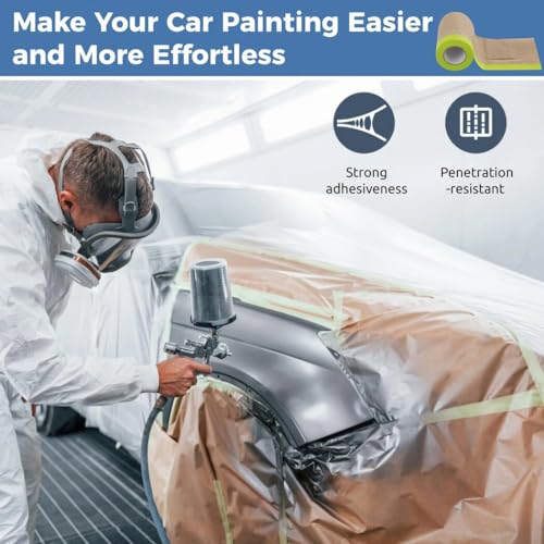 yeesport 4 Rolls Pre-Taped Masking Paper for Painting, Tape and Drape Painters Paper, Paint Adhesive Protective Paper Roll for Covering Skirting, Door Frames, Cars (6 in x 50 Ft) - size: 6 in X 50 Ft