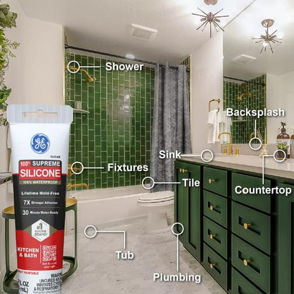 GE Supreme Silicone Caulk for Kitchen & Bathroom, White, 2.8 fl oz Tube, 12 Pack - 100% Waterproof Silicone Sealant, 7X Stronger Adhesion, Shrink & Crack Proof - size: Pack of 12