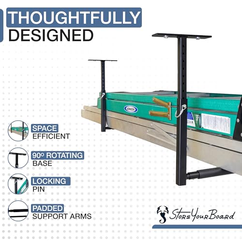 StoreYourBoard Adjustable Overhead Ladder Rack – Garage Organizer Ladder Shelf for Step & Extension Ladders - Storage Racks and Shelving for Garage Organization - Ceiling Mounted - Holds 75 lbs - size: Single