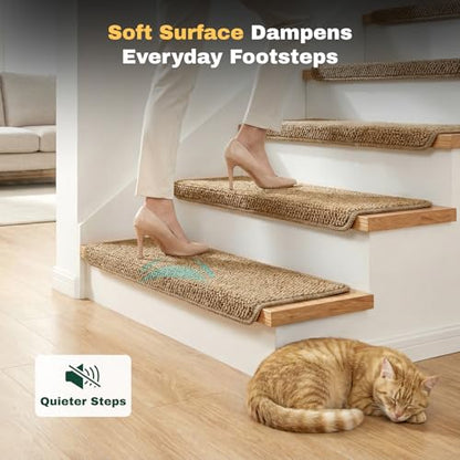 MBIGM Bullnose Non-Slip Stair Treads w/Reusable Adhesive 14 Pack 9.5" x 30" Wooden Steps Protection - TPU Backing with Steel Reinforcement - Anti-Slip Solution Knitted Camel Non Slip Stair Tread - color: Camel - Knitted