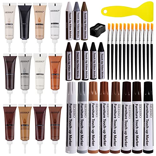SEISSO Wood Furniture Repair Kit, 42 Pcs Wood Filler and Touch Up Markers with Wax Sticks, Vinyl Floor Repair Kit for Scratches, Cracks, Holes, Discoloration for Door, Stain, Floor, Table, Cabinet - color: 42 pcs