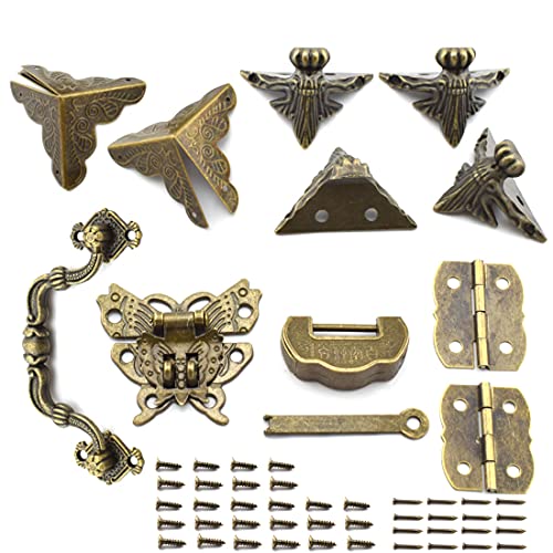 SDTC Tech 13-Pack Retro Jewelry Box Hardware Kit Includes Hasp Latch Padlock Hinges Corner Protectors Pull Handle and Supporting Feet, Bronze Tone - color: 13 in 1 kit