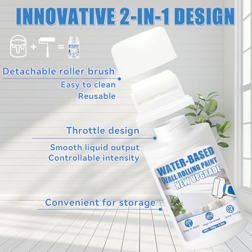 White Paint, White Paint for Wall Touch Up, Interior White Paint with Roller Brush for Flat, Ceiling, Drywall, Quick-Drying Water-Based Wall Paint, Covers Stains, Scratches, Yellowing, Low Odor