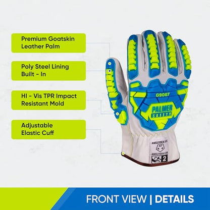 Palmer Safety PS360 Cut Resistant Work Gloves ANSI A7, Impact Resistant Goatskin Leather, Hi-Vis TPR - size: Small, style: 12 Pair