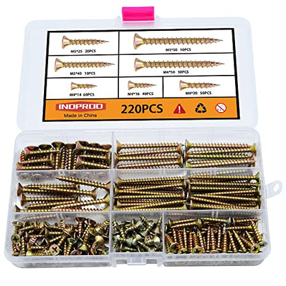 M4 M5 Flat Head Wood Screws Assortment Kit 220 Pcs,Phillips Drive Countersunk Head Self-Tapping Wood Screws,Yellow Zinc Plated Finish Screw Kit,Screws for Drywall/Sheetrock/Wood,Full Thread - style: M4M5 220PCS