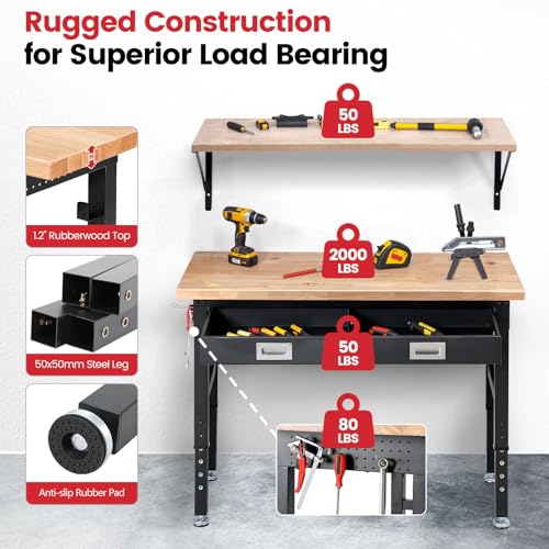 ENJOYWOOD 48" x 24" Heavy Duty Workbench Adjustable Height Garage Work Table with Solid Rubberwood Top, Drawer & Power Outlets for Workshop, Home & Office - size: X-Small