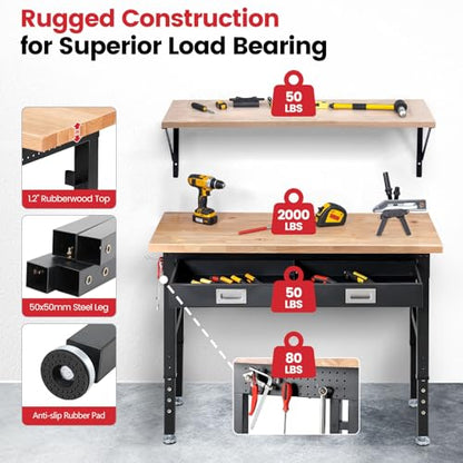 ENJOYWOOD 48" x 24" Heavy Duty Workbench Adjustable Height Garage Work Table with Solid Rubberwood Top, Drawer & Power Outlets for Workshop, Home & Office - size: X-Small