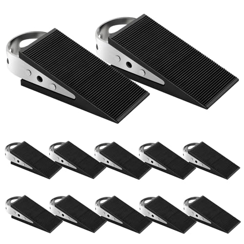 Shackcom Rubber Door Stopper Wedge, 12 Pack Black Heavy Duty Door Stop Suitable for All Floor Types, with Stainless Steel Hangers for Easy Storage, Prevents Unwanted Slams and Bumps - color: 12 Pack Black