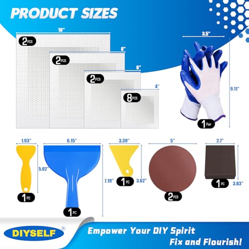 DIYSELF Drywall Patch, 21 PCS Drywall Repair Kit with 2×10", 2×8", 2×6", 8×4" Self-Adhesive Mesh Patches, Putty Scraper, Sanding Pads & Sponge, Dry Wall Patch Kit for Bathroom, Nail Holes, Outlets - size: 21 Pack