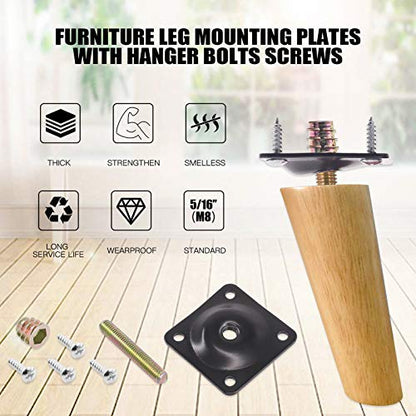 Glarks 8 Sets Black Furniture Leg Mounting Plates Set, 8Pcs 12 Degree Leg Attachment Plates with 40pcs 5/16" Hanger Bolts Screws for Furniture Sofa Couches Seats (12 Degree)