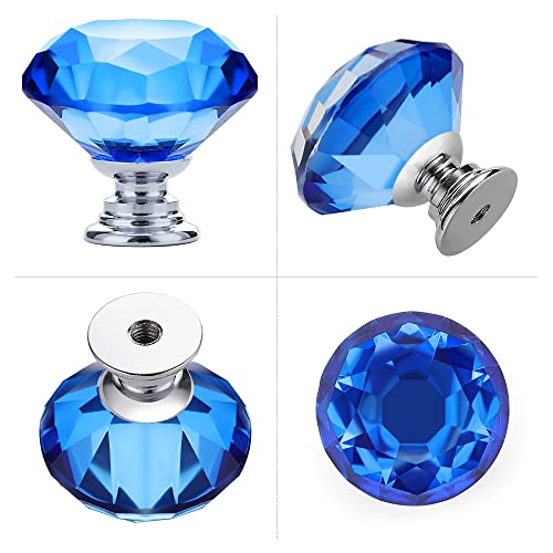 Ravinte 5 Pack Blue Crystal Knobs for Dresser Drawers - 30 mm Glass Cabinet Diamond Shaped Knobs With Silver Base - color: Blue