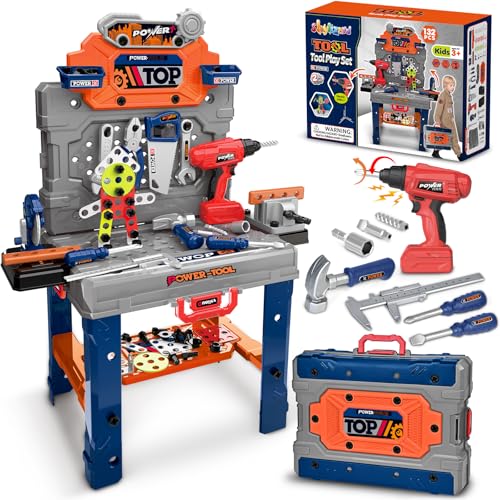 Kids Tool Bench with Realistic Electric Drill, 132 PCS Toddler Tool Set, Birthday Toys for Kids Ages 3 4 5 6 7 8, Toddlers Tool Box & Workbench, Kid Tools Set for Boys Girls 3-5 6-8 - color: Orange