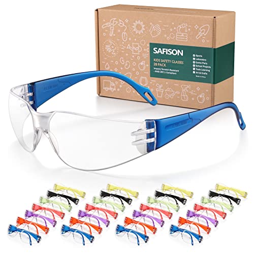 28 Pack Kids Safety Glasses, ANSI Z87.1 Child Size Protective Goggles in 7 Colors, Scratch and Impact Resistant Clear Lens Eyewear with Color Frame for Nerf Party/Science/School Projects - color: Kid Size/28 Pack