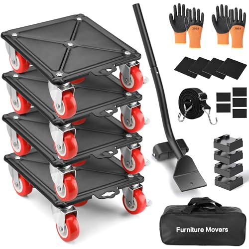 4 Packs Heavy Duty Furniture Dolly with 5 Wheels Rubber Silent Furniture Lift, 3700 lbs Load Capacity, Effortless Furniture Mover Kit Made of Premium Carbon Steel（Upgrade Large） - size: 7.9 IN & 4 Dollies