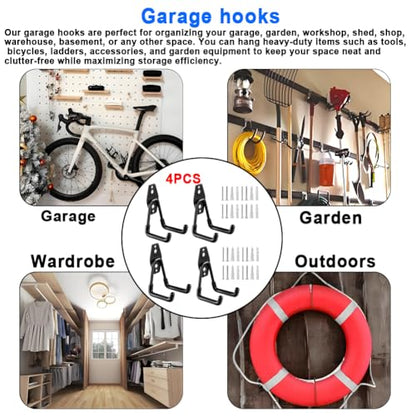 Heavy Duty Garage Storage Utility Hooks，Garden Bike Tool Hangers Organizer，Steel Wall Mount Power Hooks, Metal Small U Hooks for Hanging Ladders Ropes Hose Bulk Items, 4 Pack - size: 4 Pieces