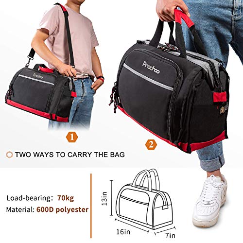 Tool Bag, Waterproof Tool Bags for Men or Women, 16-inch Wide Mouth Tool Bag Organizer with 25 Pockets for Tool Storage Bag, with Adjustable Shoulder Strap (Black/Red)