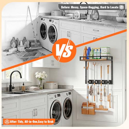 2 Packs Broom Holder Wall Mount with Shelf Load 66LBS Broom and Mop Organizer Wall Hanging Broom Hanger with 4 Mop Hanger Grippers, 3 Hooks for Laundry Room, Garage, Utility Closet, Kitchen - style: 2 Packs