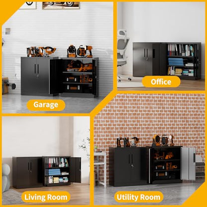 Metal Storage Cabinet, 35" Garage Storage Cabinet with 2 Adjustable Shelves & Lockable Doors, Black Garage Cabinets for Office, Home, Garage, Gym, School - size: 35" H X 15.8" D X 32" W